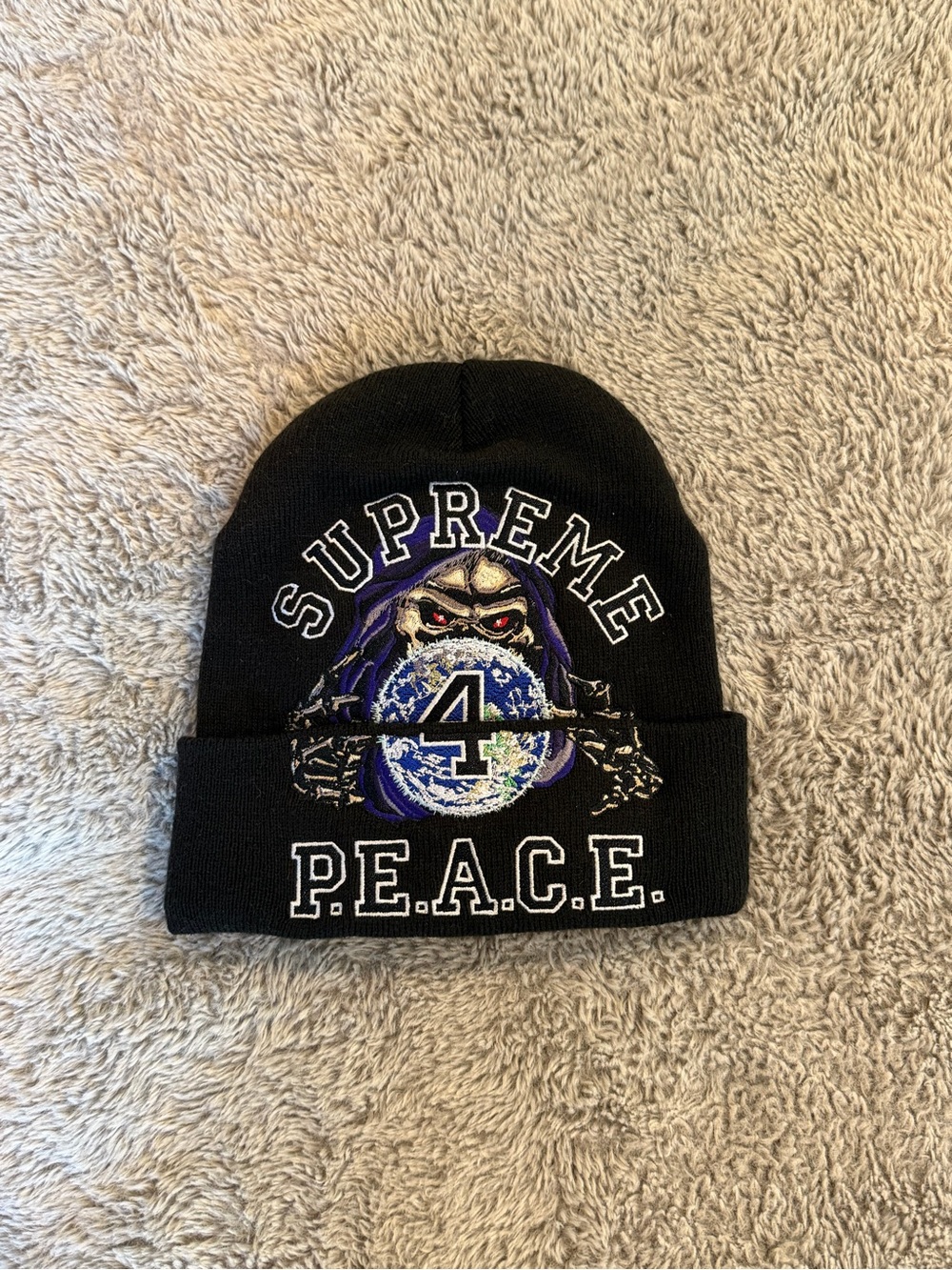 Supreme Black 'P.E.A.C.E.' Beanie with Graphic Skull